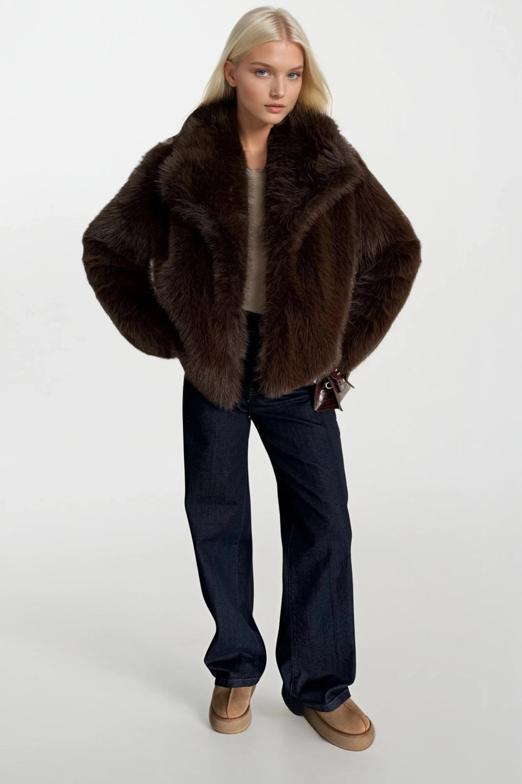Shawl Collar Plush Brown Fur Coat
