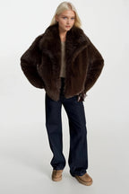 Shawl Collar Plush Brown Fur Coat