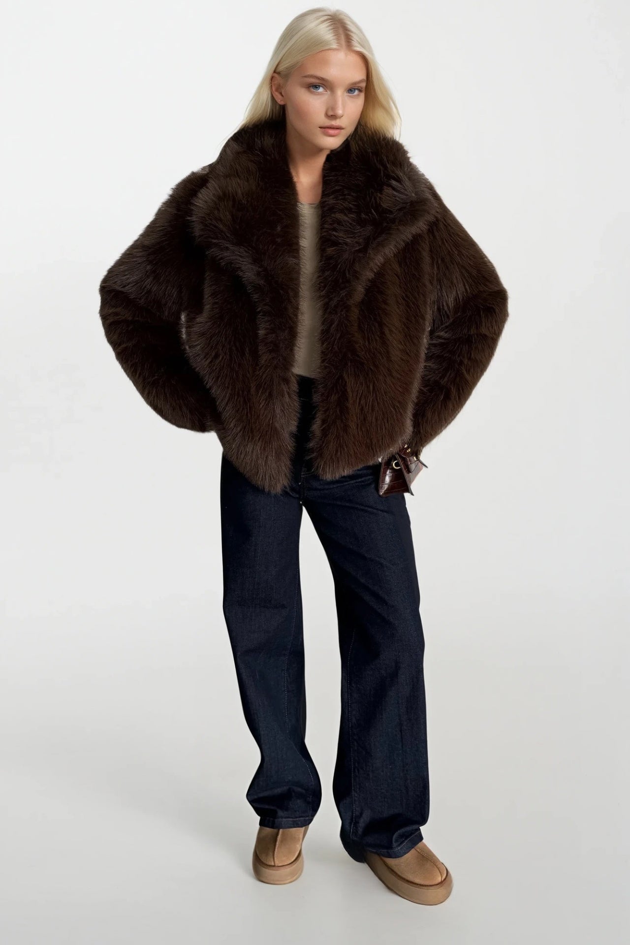 Shawl Collar Plush Brown Fur Coat