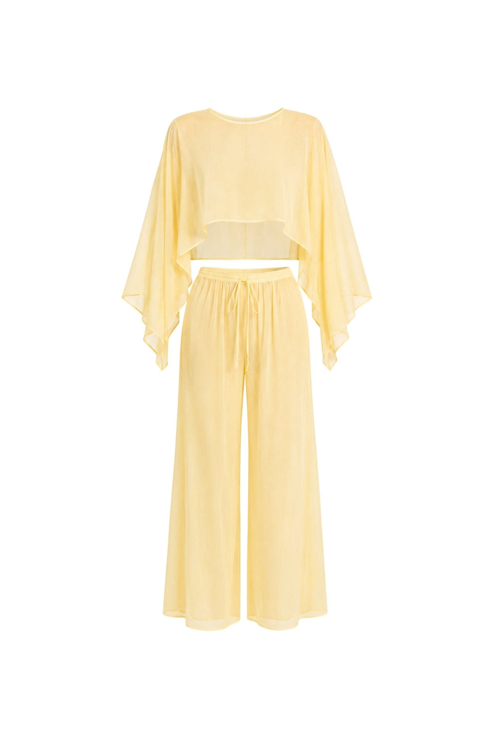 Wide Collar Crop Transparent Blouse High Waist Trousers Double Yellow Set