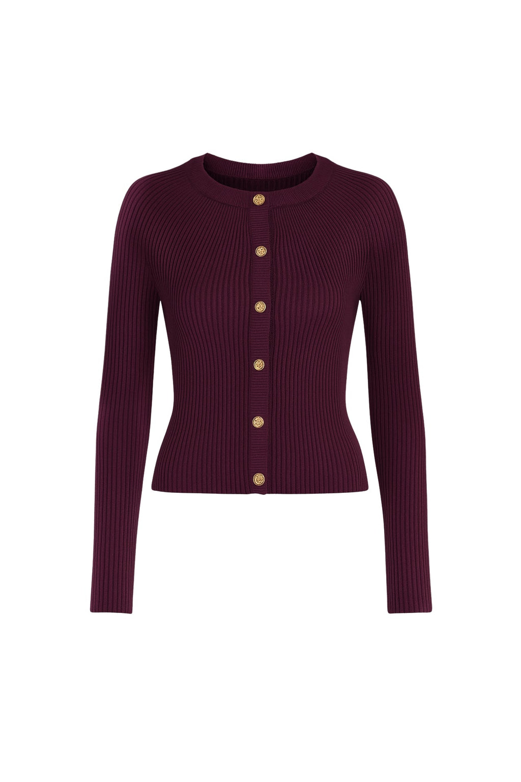 Flounce Sleeve Gold Buttoned Crew Neck Burgundy Blouse