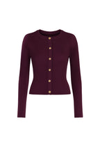 Flounce Sleeve Gold Buttoned Crew Neck Burgundy Blouse
