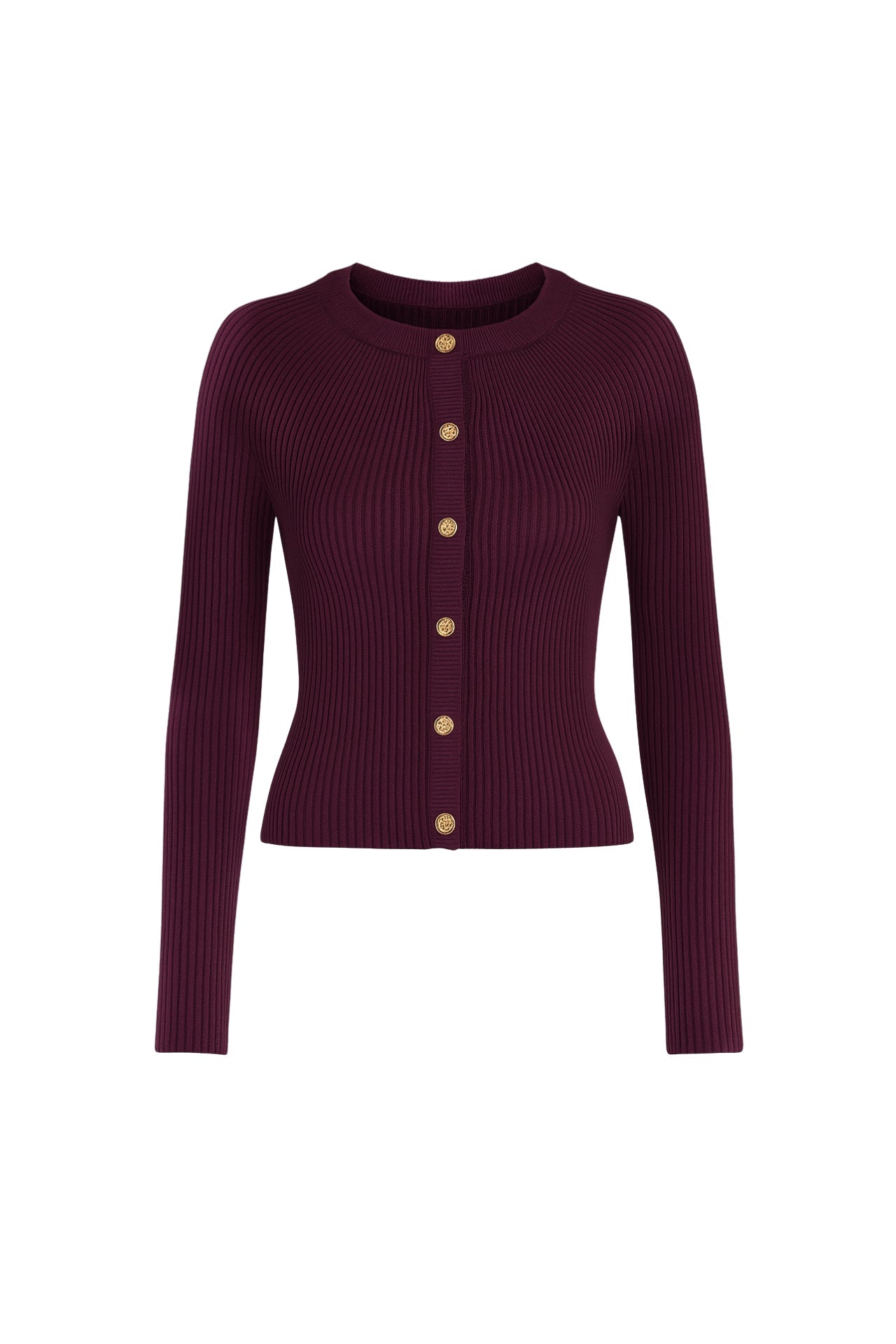Flounce Sleeve Gold Buttoned Crew Neck Burgundy Blouse