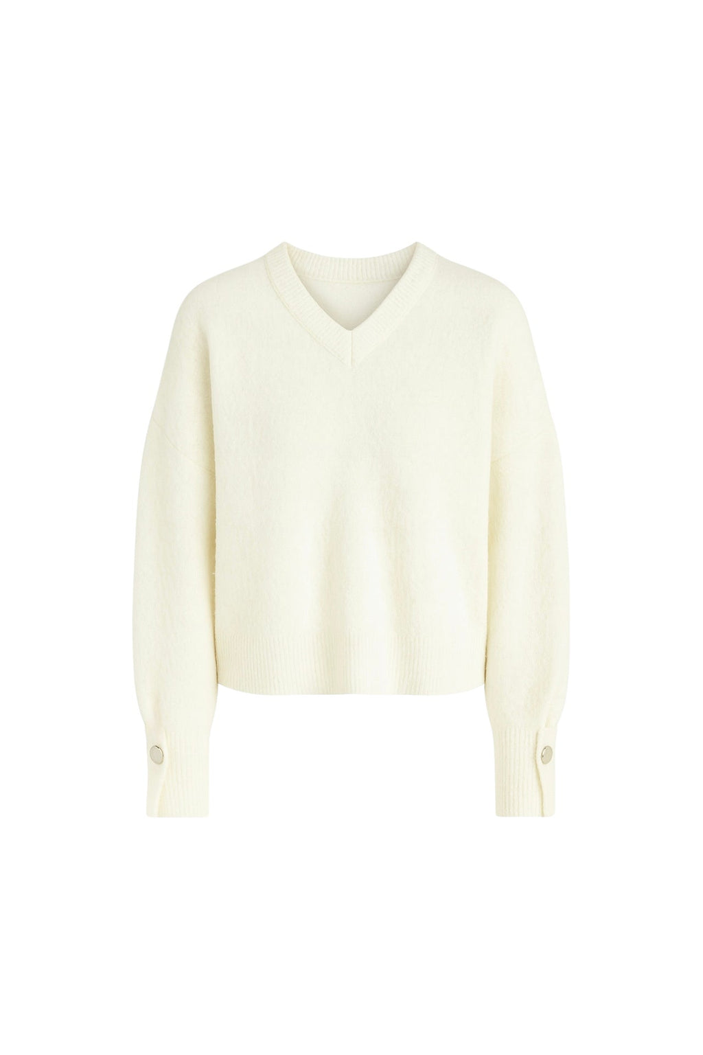 V-Neck Cuff Accessory Detail Ecru Knit Sweater