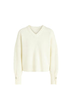 V-Neck Cuff Accessory Detail Ecru Knit Sweater