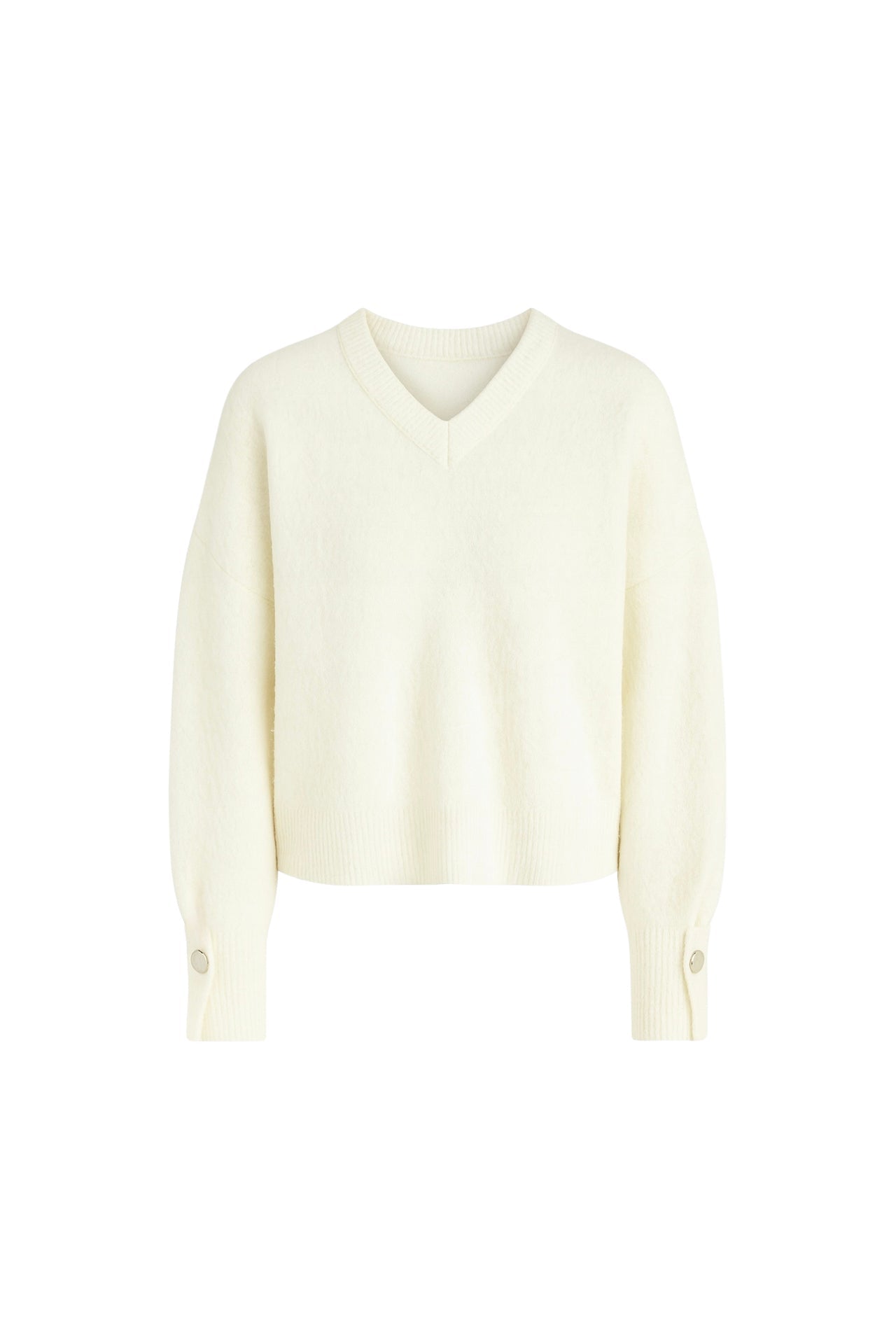V-Neck Cuff Accessory Detail Ecru Knit Sweater