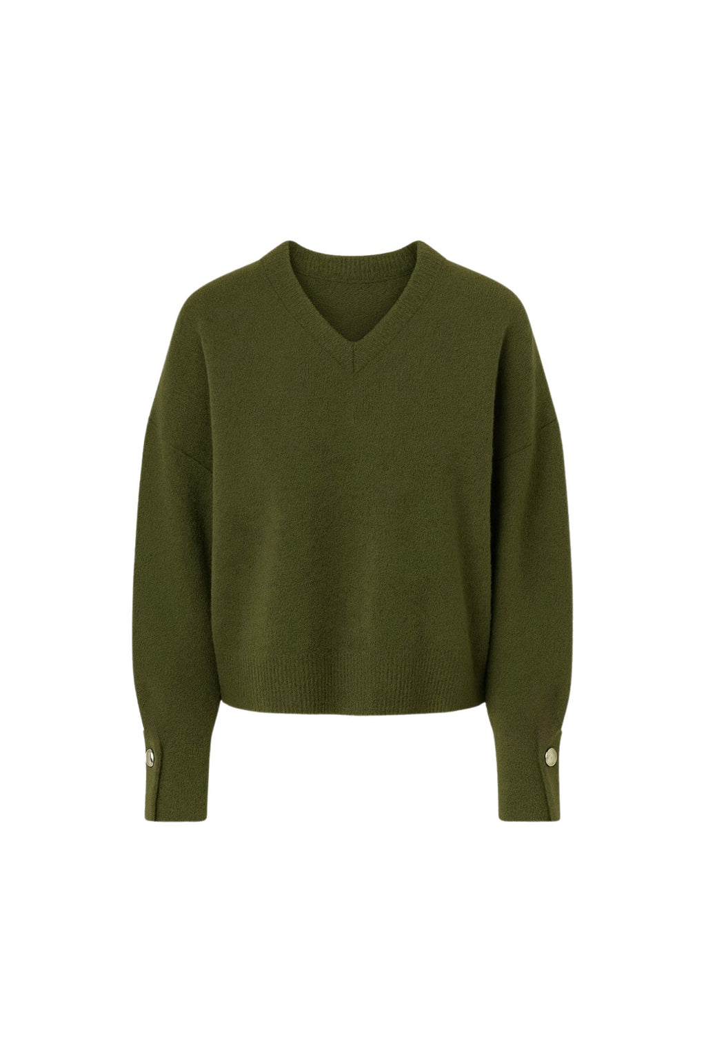 V-Neck Cuff Accessory Detail Khaki Knit Sweater