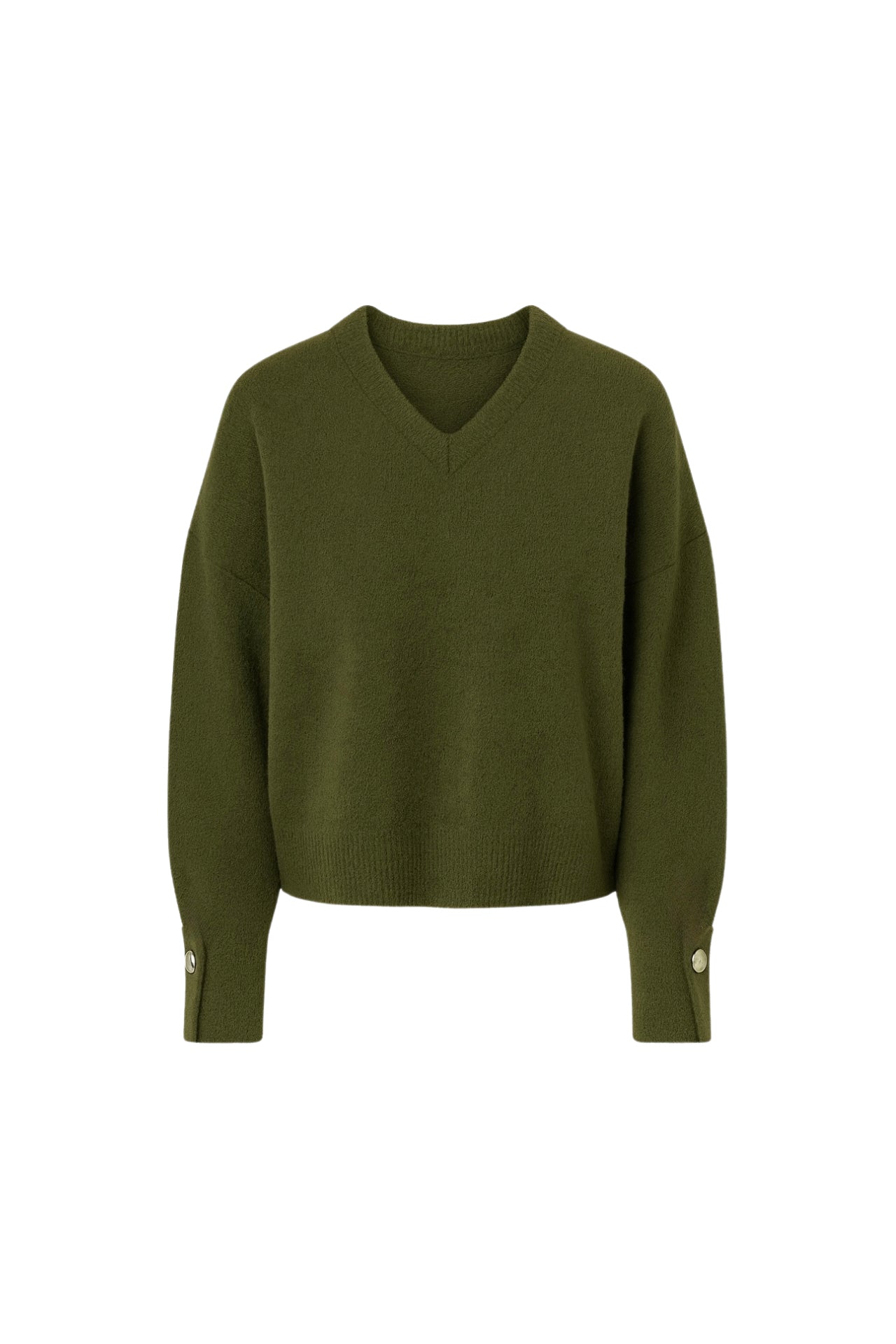 V-Neck Cuff Accessory Detail Khaki Knit Sweater