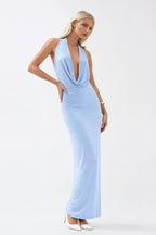 Shawl Collar Low-Cut Maxi Blue Dress