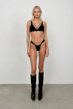 Piping Detail Ruched Black Bikini Set