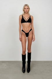 Piping Detail Pleated Black Bikini Set