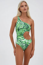 One Shoulder Patterned Green Mayokini