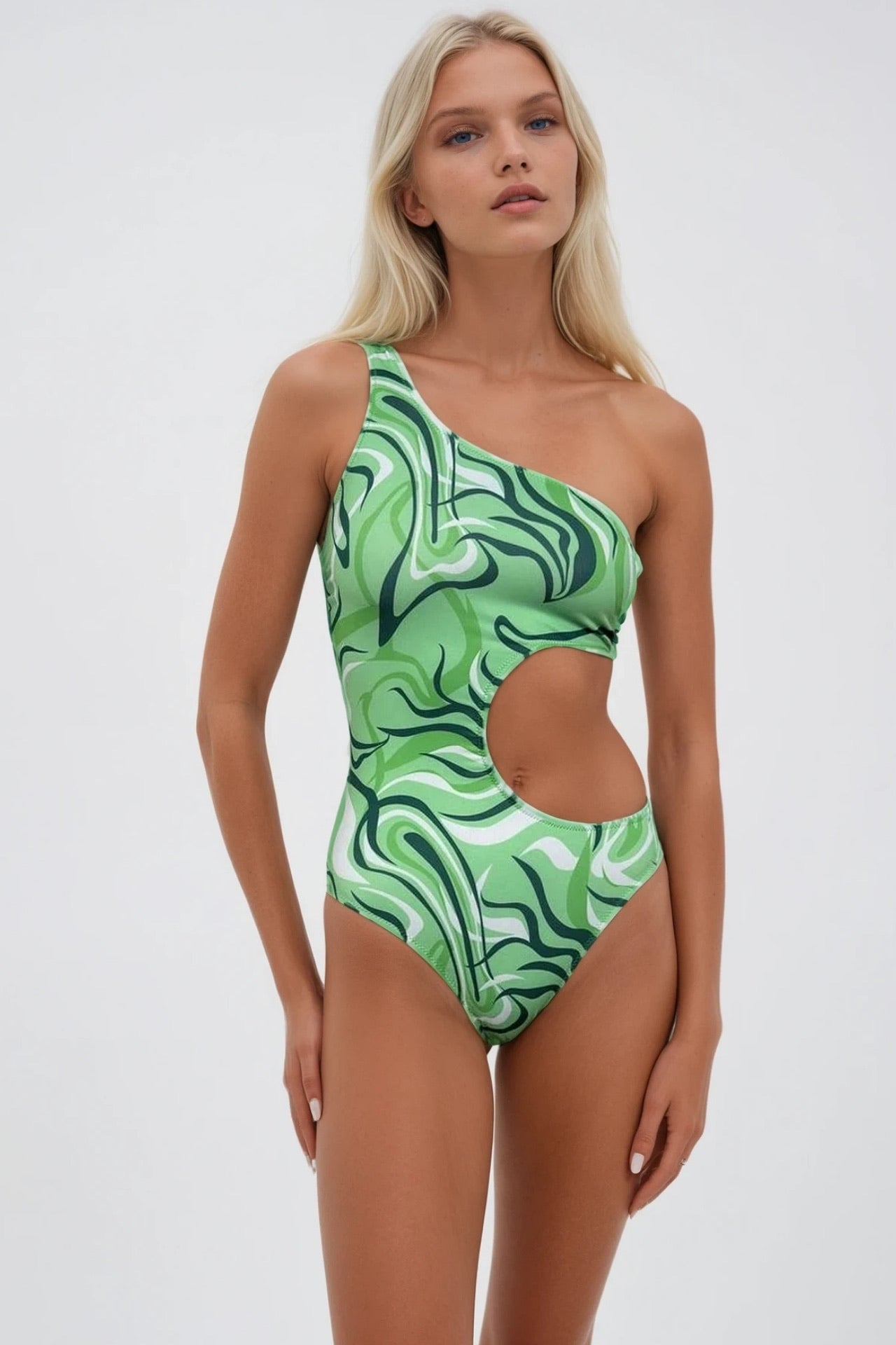 One Shoulder Patterned Green Mayokini