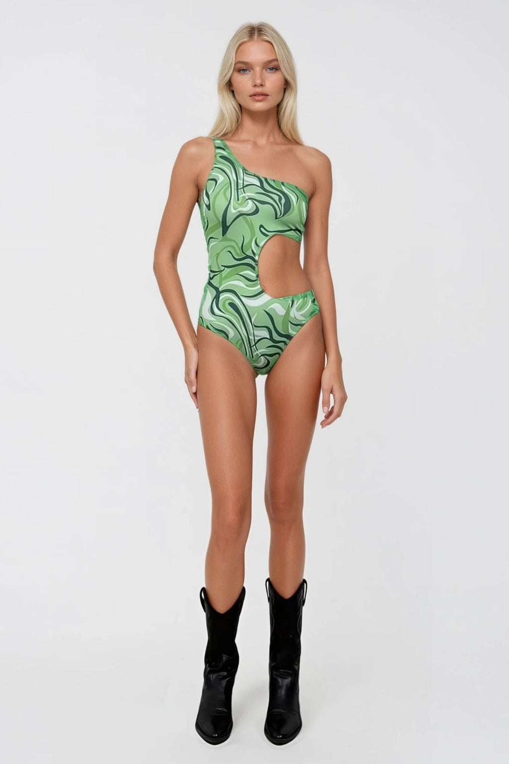 One Shoulder Patterned Green Mayokini