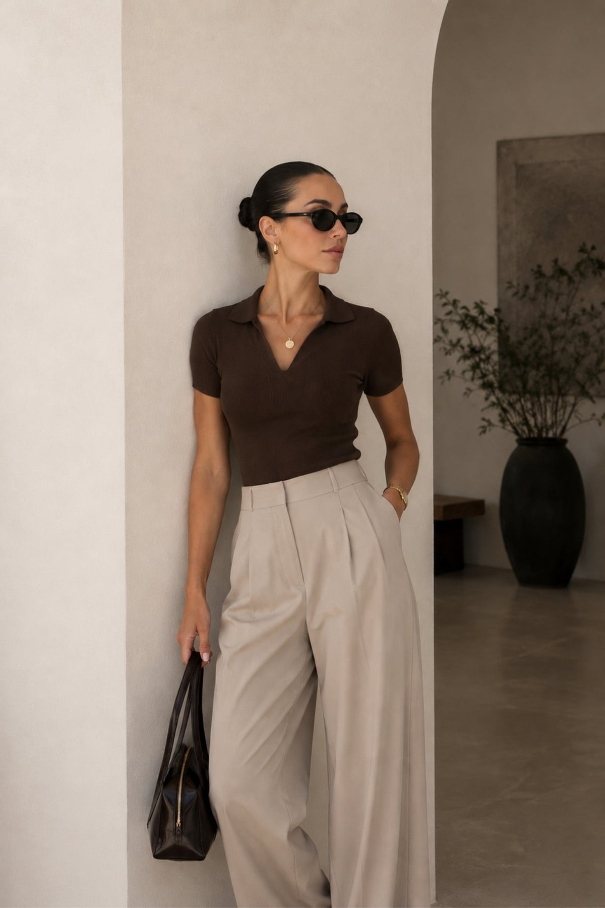 Polo Neck Knit Brown Crop Blouse