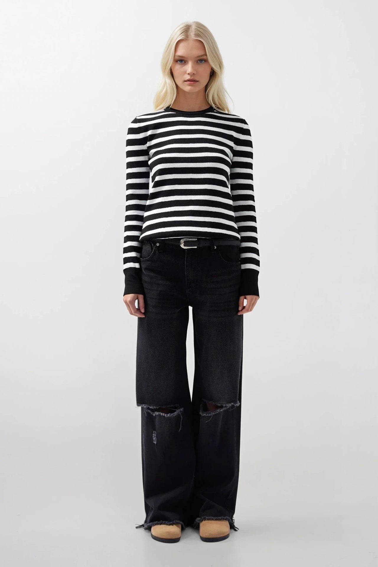 Crew Neck Striped White-Black Blouse
