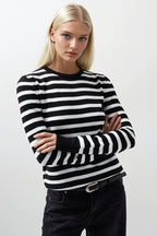Crew Neck Striped White-Black Blouse