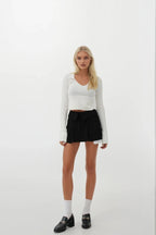V Neck Korsaj Detay Ecru Knit Blouse