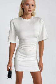 White Cinched Mini Dress with a Fitted Waist