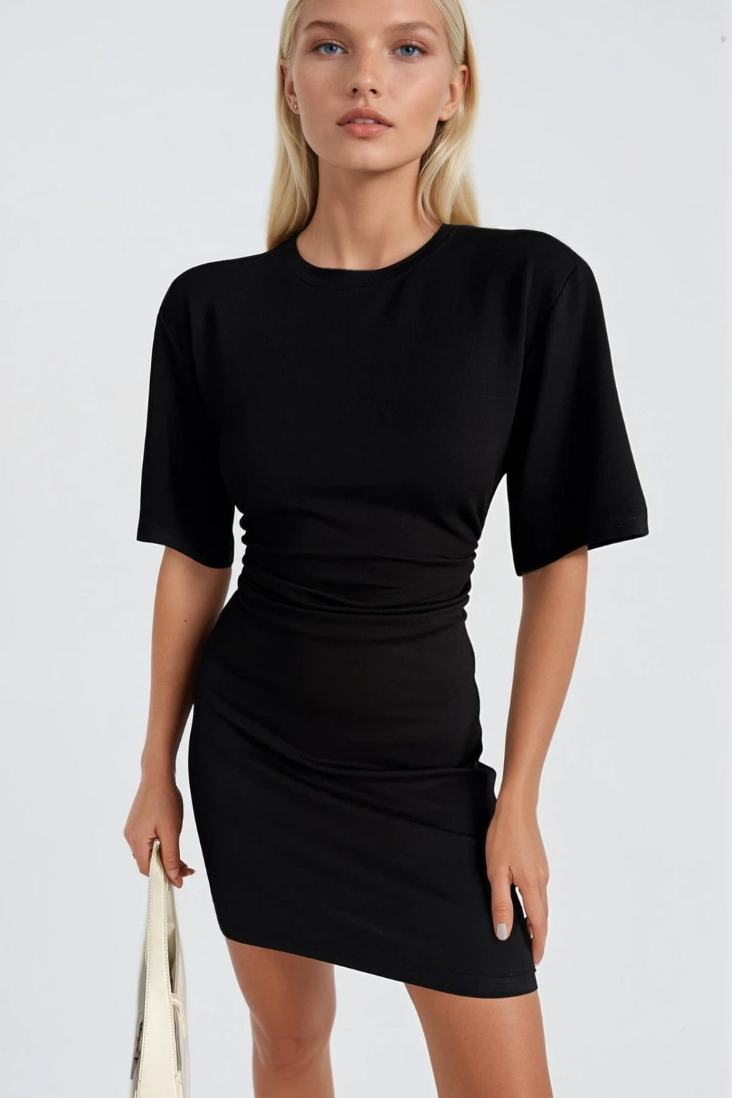 Waist-Fitted Ruched Black Mini Dress