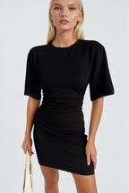 Waist-Fitted Ruched Black Mini Dress