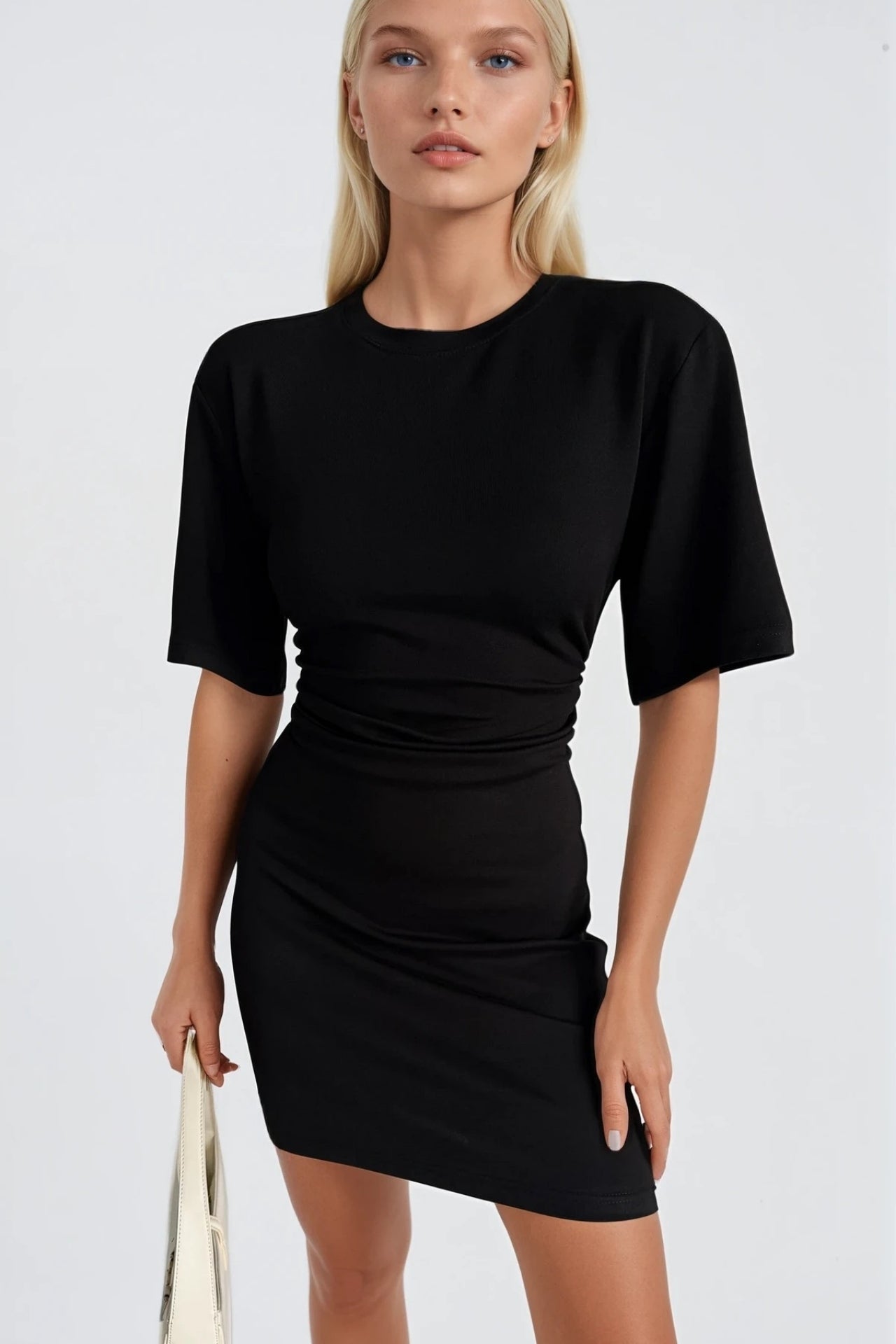 Waist-Fitted Ruched Black Mini Dress