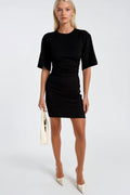 Waist-Fitted Ruched Black Mini Dress