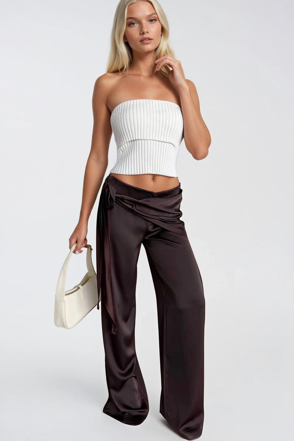 Front Tie Brown Satin Pants