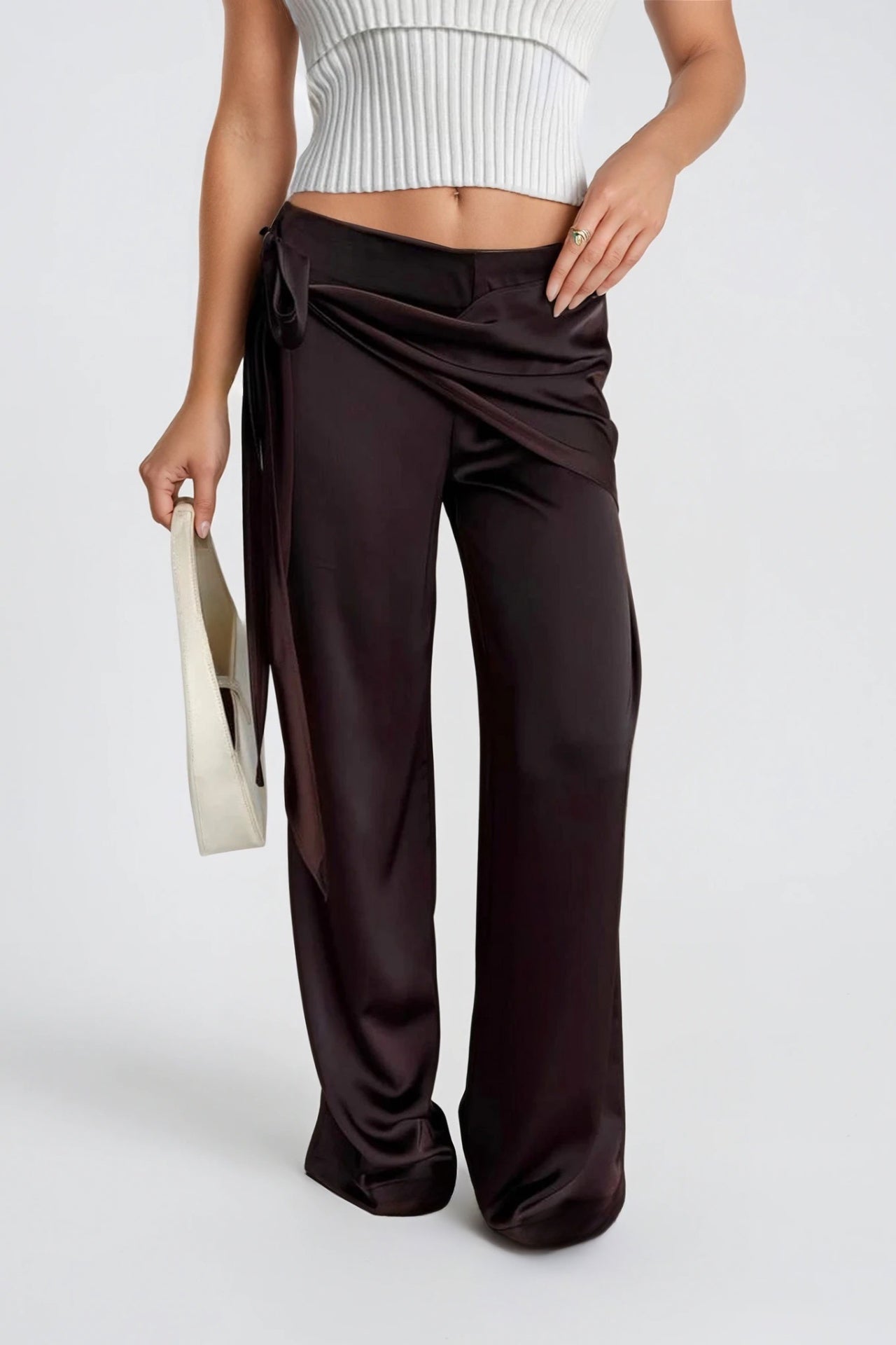 Front Tie Brown Satin Pants