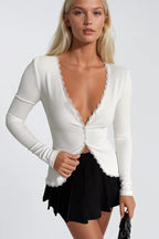 Lace Detail Buttoned White Ribbed Blouse