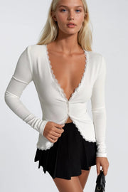 White Ribbed Blouse with Lace Detail and Buttons