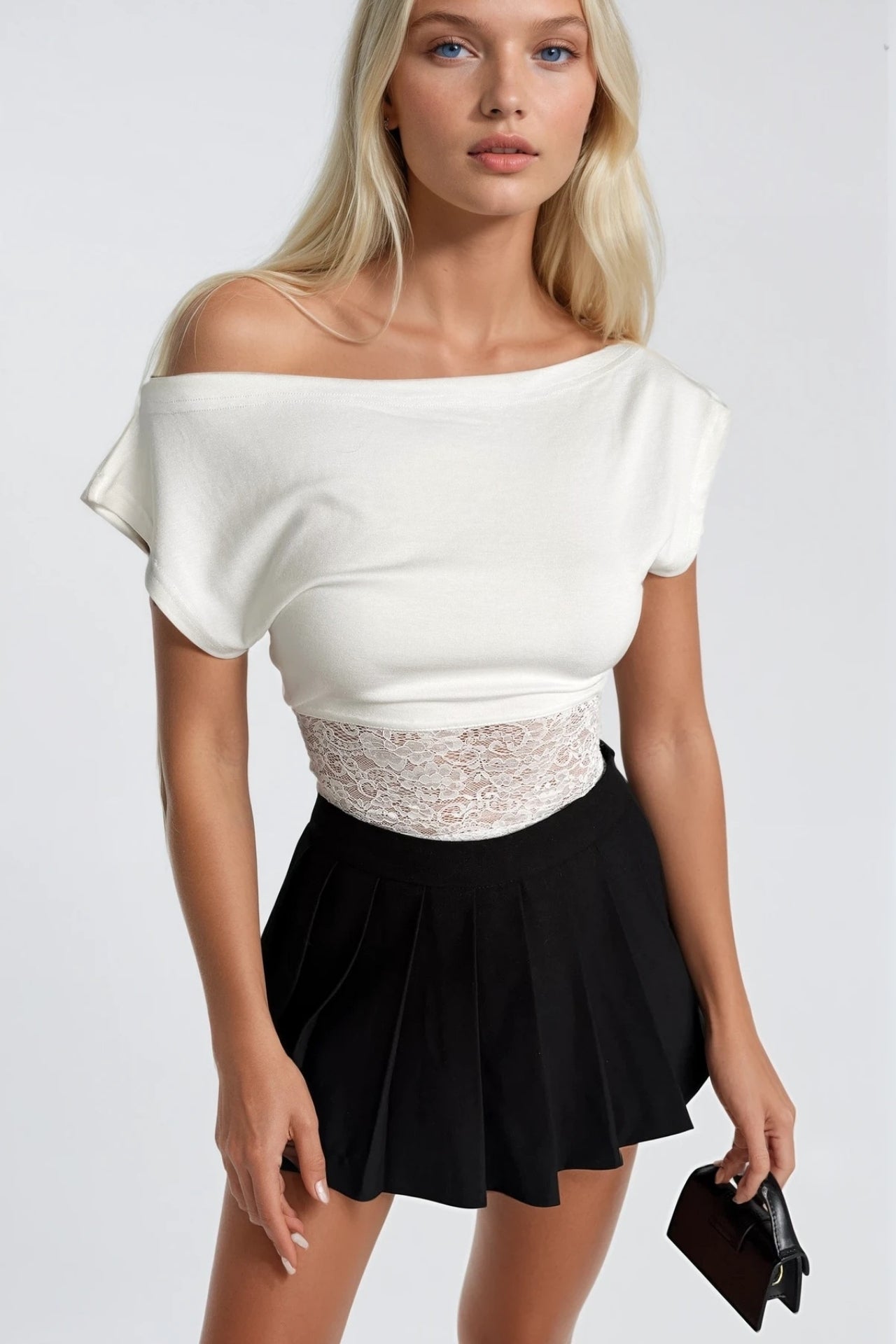 Off-Shoulder Waist Lace Detail White Blouse