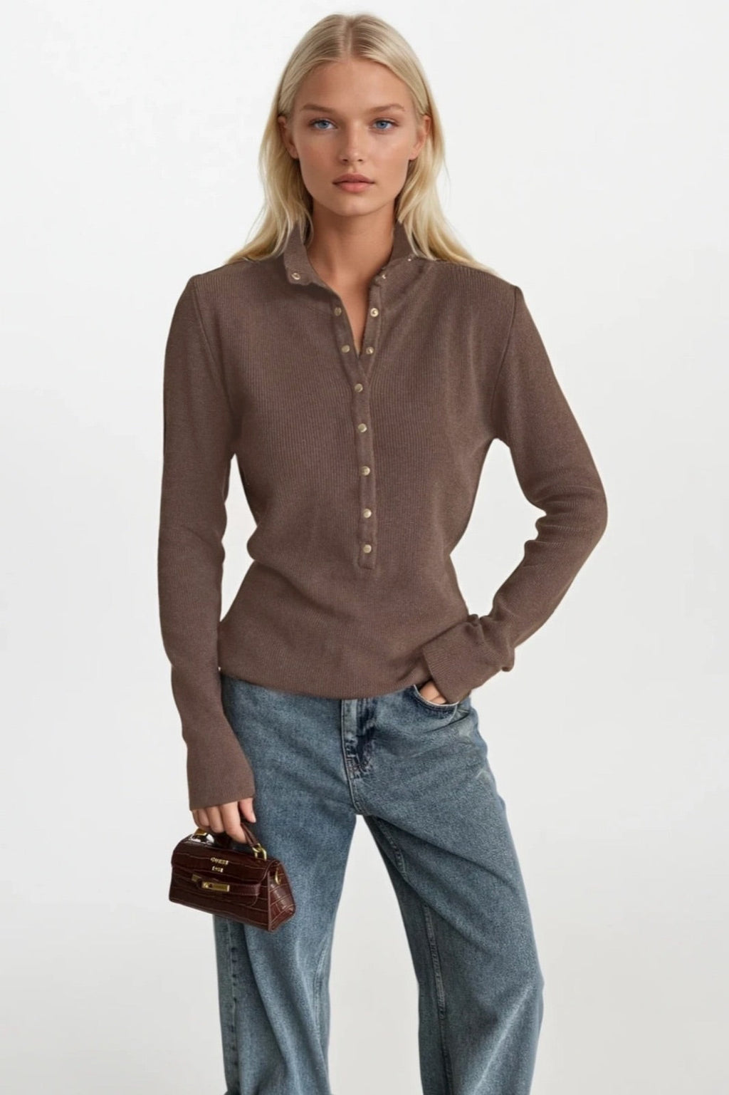 Polo Neck Snap-Fastening Mink Knit Blouse