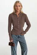 Polo Collar Snap-Button Mink Knit Blouse