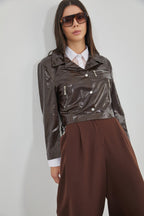 Zipper Detay Parlak Brown Faux Leather Jacket