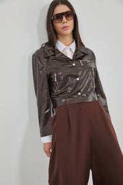 Zipper Detail Shiny Brown Leather Jacket