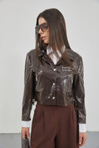 Zipper Detay Parlak Brown Faux Leather Jacket