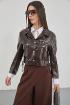 Zipper Detay Parlak Brown Faux Leather Jacket