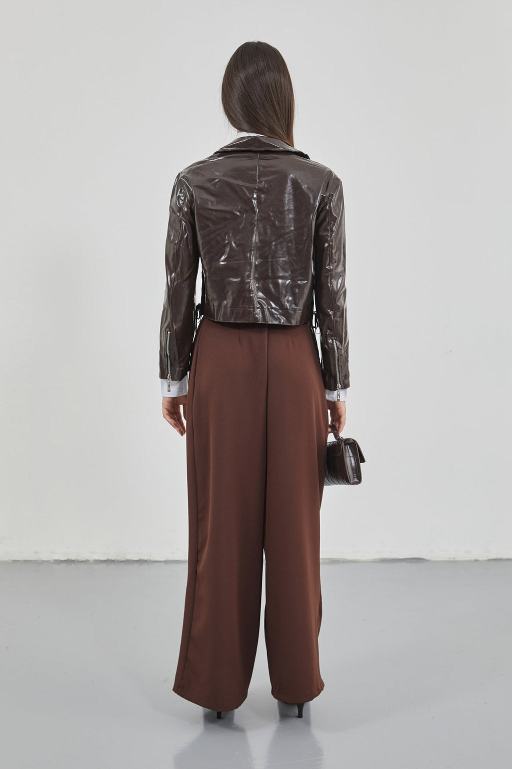Zipper Detay Parlak Brown Faux Leather Jacket