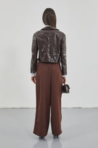 Zipper Detay Parlak Brown Faux Leather Jacket