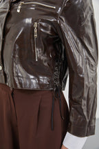Zipper Detay Parlak Brown Faux Leather Jacket