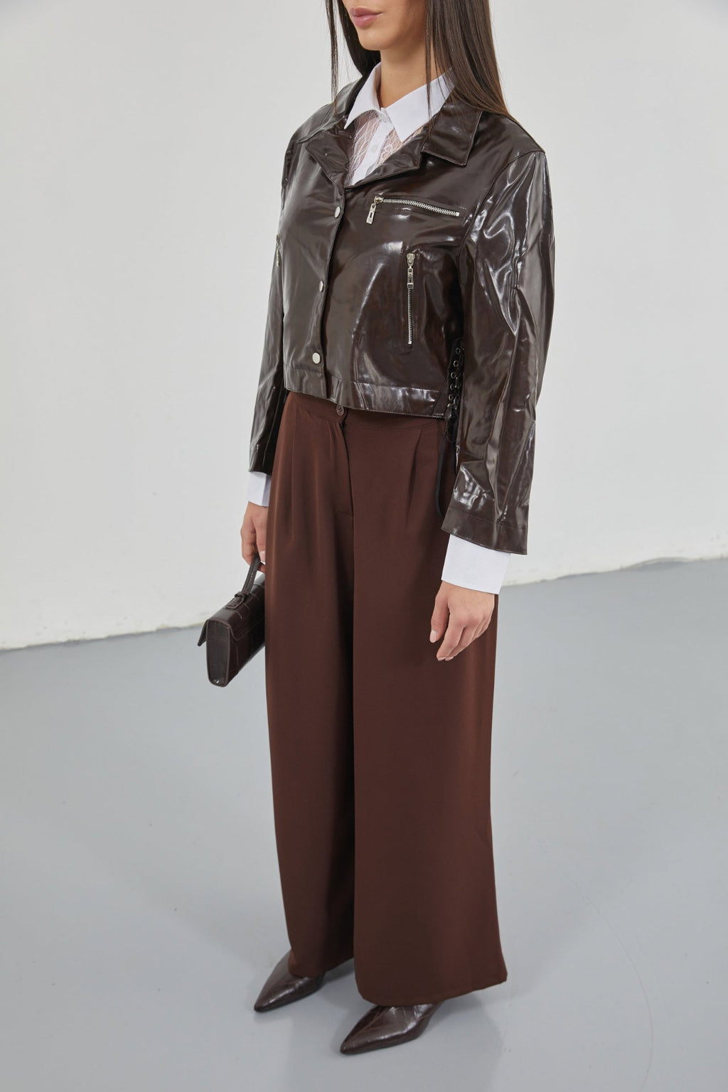 Zipper Detay Parlak Brown Faux Leather Jacket