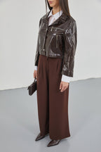 Zipper Detay Parlak Brown Faux Leather Jacket