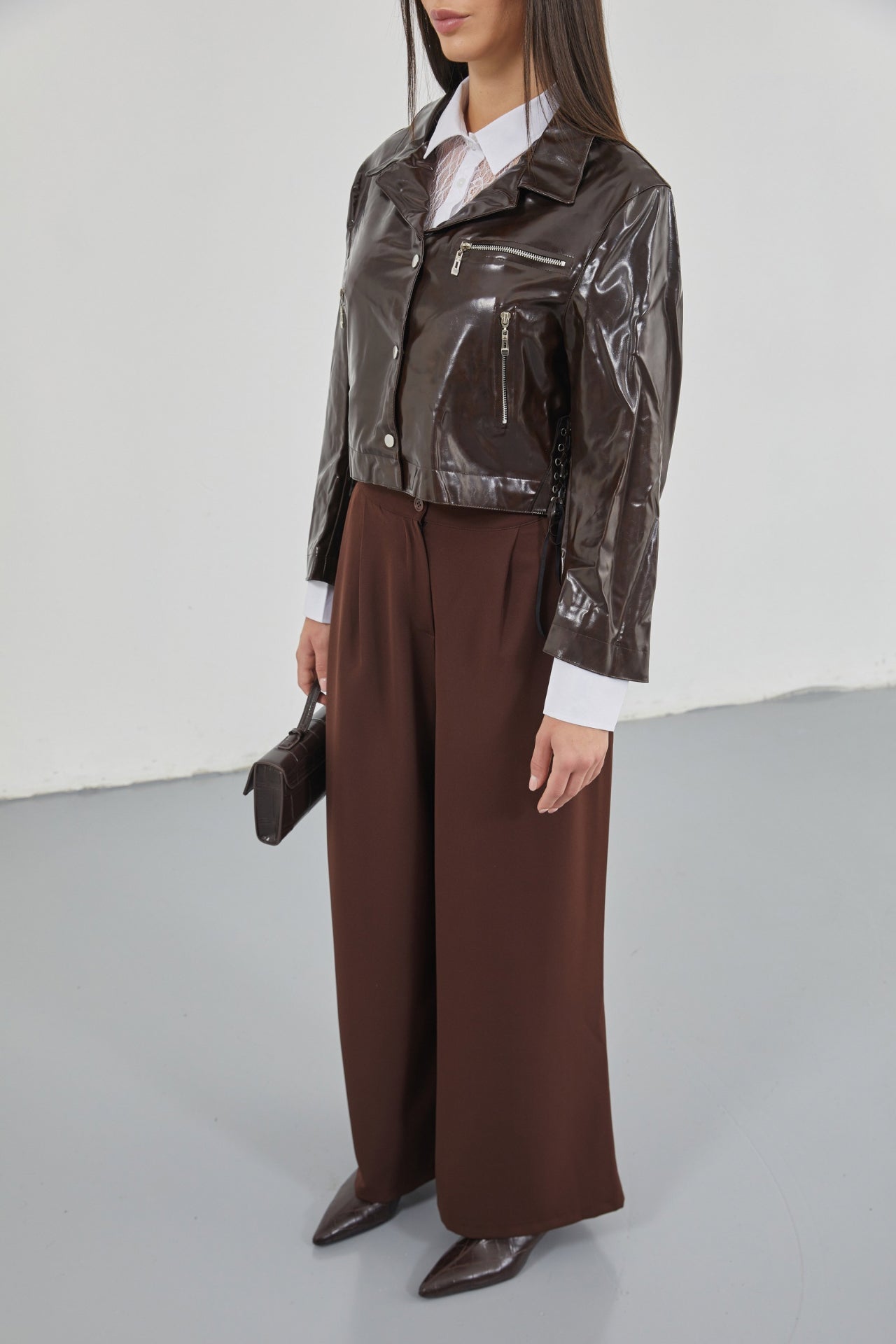 Zipper Detay Parlak Brown Faux Leather Jacket