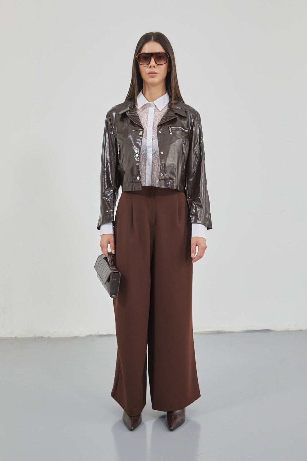Zipper Detay Parlak Brown Faux Leather Jacket