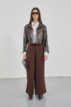 Zipper Detay Parlak Brown Faux Leather Jacket