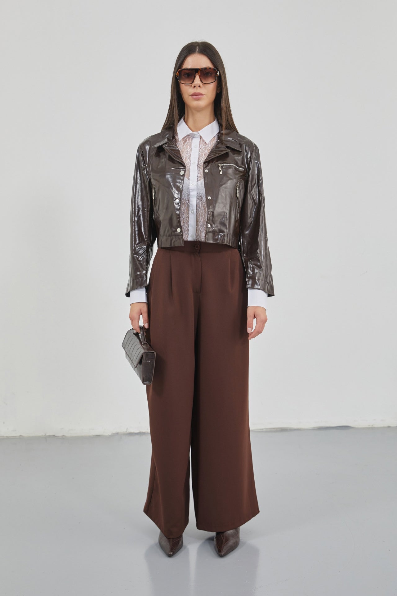 Zipper Detay Parlak Brown Faux Leather Jacket