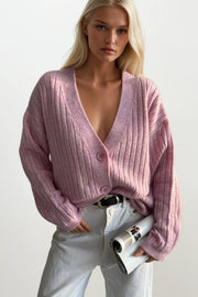 Pink Buttoned V-Neck Knit Cardigan