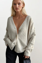 Buttoned V-Neck Ecru Knit Cardigan