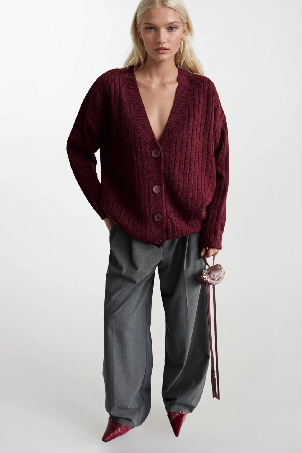 Buttoned V-Neck Burgundy Knit Cardigan